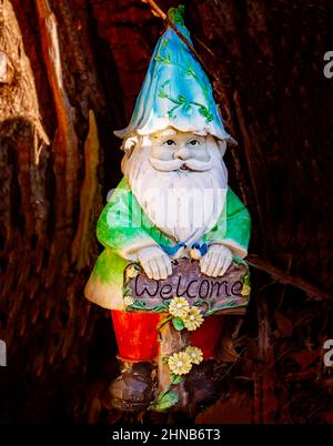 A garden gnome stands at the base of a tree, Feb. 9, 2022, in Dauphin Island, Alabama. Stock Photo