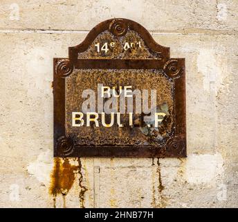 France. Paris (14th district) Bruller street nameplate Stock Photo