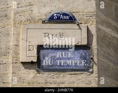 France. Paris (3th district) street sign, temple street Stock Photo