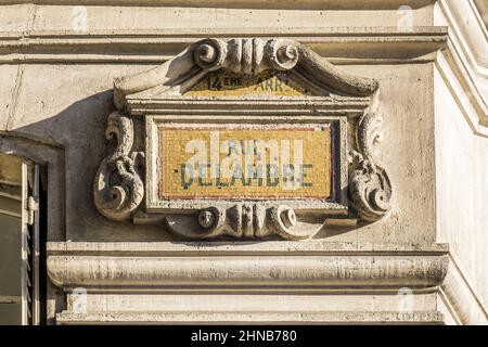 France. Paris (14th district) street plaque Delambre Stock Photo