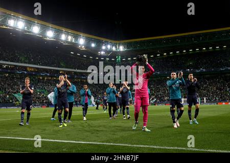 Lisbon, Portugal. 15th Feb, 2022. Manchester City's players celebrate at the end of the Round Of Sixteen Leg One - UEFA Champions League match between Sporting CP and Manchester City at Alvalade stadium in Lisbon, Portugal, on February 15, 2022. (Credit Image: © Pedro Fiuza/ZUMA Press Wire)