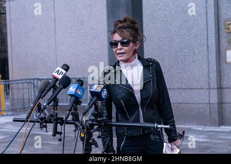 New York, New York, USA. 14th Feb, 2022. SARAH PALIN, former Governor of Alaska leaves court after judge dismissed her case at U.S. Southern District Court. The ruling came as a Manhattan jury was deliberating on Palin's suit, which claimed the NY Times defamed her by unfairly linking her to a 2011 shooting spree that killed six and wounded then-Rep. Gabby Giffords. (Credit Image: © Lev Radin/ZUMA Press Wire) Stock Photo