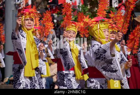 Nagoya, Japan – October 20, 2019: The women-dancers of Shachibayashi team wearing of in period dress (happi) coats, waving branches with autumn leaves Stock Photo