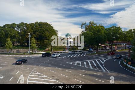 Nagoya, Japan – October 20, 2019: The curved crossroads in front of the park around Nagoya castle. Nagoya. Japan Stock Photo