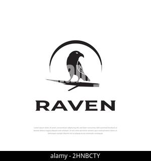 Logo Design Black Crow silhouette perched on a branch facing Stock Vector