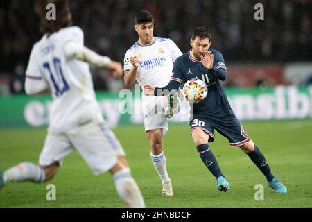 Lionel Messi of Paris Saint-Germain in action during the UEFA Champions League soccer match between Paris and Real Madrid at Parc des Princes on February 15, 2022 in Paris, France. Photo by David Niviere/ABACAPRESS.COM Stock Photo
