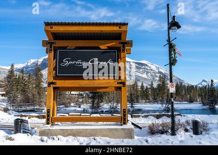 Spring Creek Boardwalk in winter. Town of Canmore, Alberta, Canada. Stock Photo