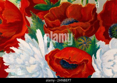 Still life close up oil painting depicting bright red poppies and white peonies flowers. Stock Photo