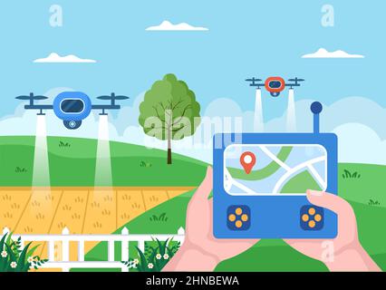 Smart Farming use Drone Technologies in Farm Industry for Plants Growing, Wind Mills, Solar Panels and Water in Flat Cartoon Background illustration Stock Vector