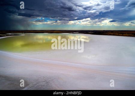 Aerial view of the Lake Ninan salt lake with approaching storm, Wongan Hills, Western Australia Stock Photo
