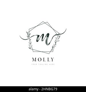 Pentagon Shape Hand Drawn Floral Frame Letter M Logo Stock Vector