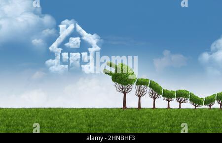 Green electric home energy idea and home solar or renewable eco power to save the environment with a plant shaped as a plug as alternative. Stock Photo