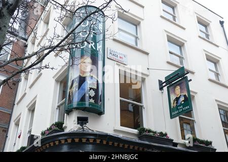 London, UK. The Duke of York public house in Fitzrovia with a hanging sign and cornerpiece bearing Prince Andrew's image. Stock Photo