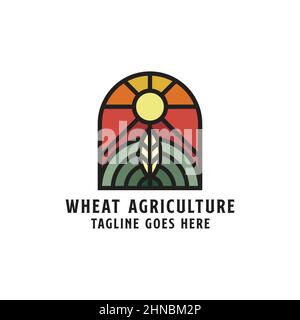 Organic Wheat agriculture logo design badge, line art farm logo vector illustration Stock Vector