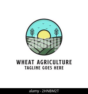 agriculture Farm logo design badge, line art flat design harvest logo vector illustration Stock Vector