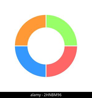Donut chart divided in 4 sections. Colorful round diagram. Infographic wheel icon. Circle shape cut in four equal parts isolated on white background. Vector flat illustration Stock Vector