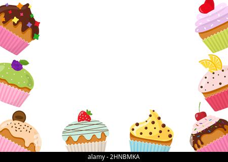 Muffin decorated with cherry, blackberry and mint, lemon, cookie, strawberry and topped with icing and chocolate isolated on white background. Postcard for invitation. Confectionery sign. Site header. Stock Vector