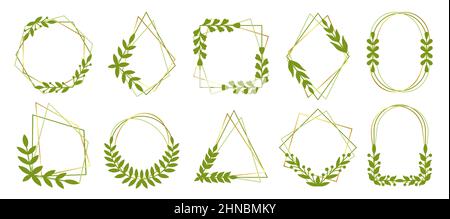 Natural gold polygonal frame leaf floral green silhouette set. Geometric vintage monogram signboard text decorative. Elegant line spring pattern stroke decor postcard botanic symbol isolated Stock Vector