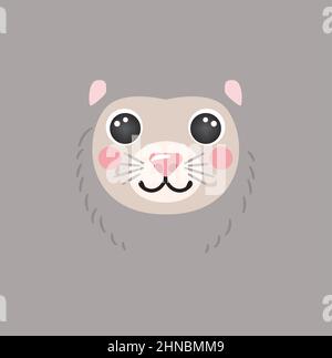 Cute opossum portrait square smile head cartoon round shape animal face, isolated possum avatar vector icon illustration. Flat simple hand drawn for kids poster, cards, t-shirts, baby clothes Stock Vector