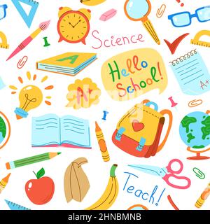 Back to School doodle drawn line seamless pattern. Education concept objects for student, backpack, light bulb, lunch and globe, pens, child print vector. Learning school supplies scrapbook wallpaper Stock Vector