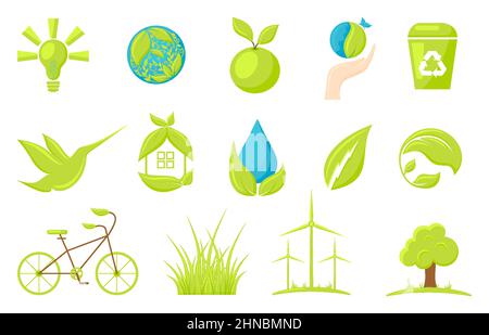 Ecological logo bio zero waste natural green flat set. Protection planet pollution reasonable consumption of resources. Planet earth water air energy electricity refuse reuse recycle icon isolated Stock Vector