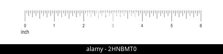 6 inch ruler scale. Horizontal measuring chart with markup and numbers. Distance, height or length measurement math or sewing tool. Vector outline illustration. Stock Vector