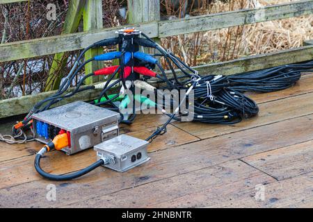 Film industry electrical power distribution network for on-location movie sets in Steveston, British Columbia, Canada Stock Photo