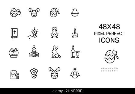 Easter icons set. Eggs, rabbits, holy bible and church. 48 x 48 pixel perfect, editable stroke icons Stock Vector