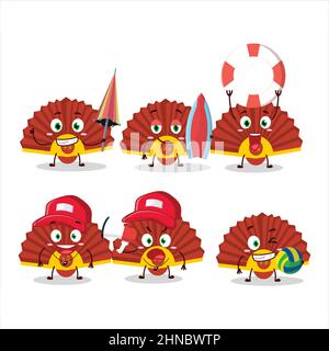 Happy Face red chinese fan cartoon character playing on a beach. Vector illustration Stock Vector