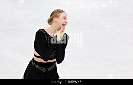 BEIJING, CHINA - 15/02/2022,  Lindsay van Zundert from The Netherlands during the women's short program figure skating qualifications Stock Photo