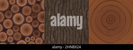 Wooden textures for game, tree bark woodpile cross section with logs and age circles cut cartoon tiles seamless pattern. Natural materials, textured brown design ui elements, Vector illustration set Stock Vector