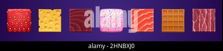 Square buttons with texture of food, waffle, strawberry, cheese and seafood. Vector cartoon set of glossy icons from salmon, meat, tuna and donut with sprinkles isolated on background Stock Vector