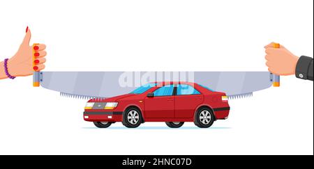Two Handed Saw Cuts Car in Half. Stock Vector