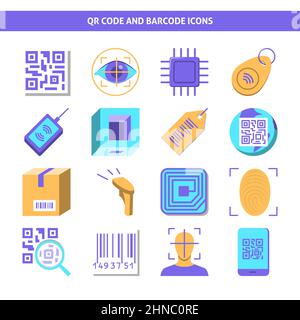 Qr code and barcode icon set in flat style. Qrcodes and identification symbols collection. Vector illustration. Stock Vector