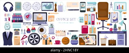 Colored flat vector office accessories. Big set with cartoon business icons. Modern templates cliparts for adds, business cards, banners, apps Stock Vector