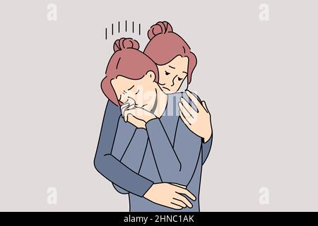 Helping hand and support concept. Sister or friend embracing sad depressed tine sad girl having heavy thoughts feeling sad and disappointed vector illustration  Stock Vector