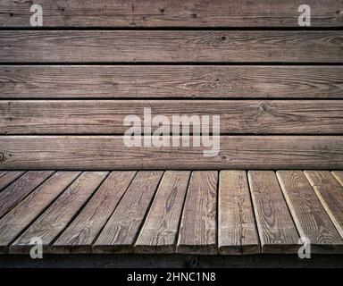 Vintage wooden table and old wooden grunge background. Product display template. Stock Photo