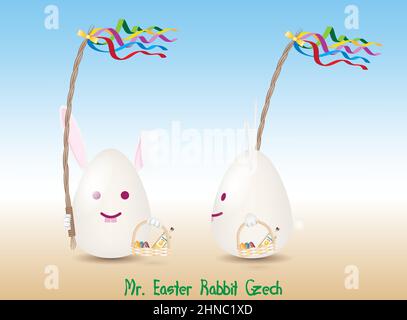 Rabbit, egg and pomlazka, traditions and symbol of Easter in Czech Republic. Resizable vector illustration, organized layers. Stock Vector