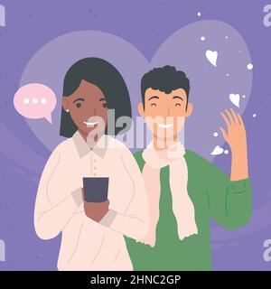 interracial couple using smartphones mobile technology Stock Vector