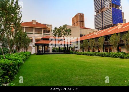 Singapore - September 08, 2019: Iconic Raffles Hotel, a colonial-style luxury hotel famous for the invention of the Singapore Sling cocktail Stock Photo