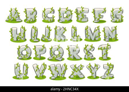 Stone alphabet with grass set for learning on a white background. Vector illustration gray letters, font from rocks and tree branches for design. Stock Vector