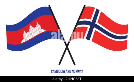 Cambodia and Norway Flags Crossed And Waving Flat Style. Official Proportion. Correct Colors. Stock Vector