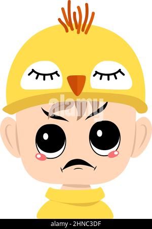 Boy with big eyes and angry emotions, grumpy face, furious eyes in cute yellow chicken hat. Head of child with furious expression for Easter, New Year or costume for party. Vector flat illustration Stock Vector