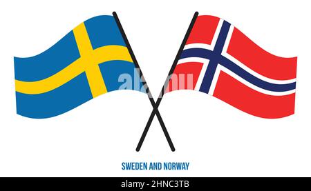 Sweden and Norway Flags Crossed And Waving Flat Style. Official Proportion. Correct Colors. Stock Vector