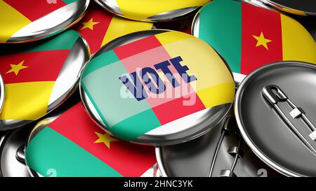 Vote in Cameroon - national flag of Cameroon on dozens of pinback buttons symbolizing upcoming Vote in this country. , 3d illustration Stock Photo