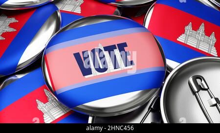 Vote in Cambodia - national flag of Cambodia on dozens of pinback buttons symbolizing upcoming Vote in this country. , 3d illustration Stock Photo