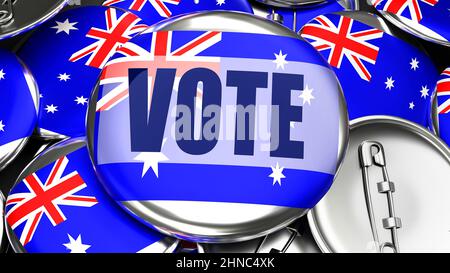 Heard Island and McDonald Islands and Vote - dozens of pinback buttons with a flag of Heard Island and McDonald Islands and a word Vote symbolizing up Stock Photo