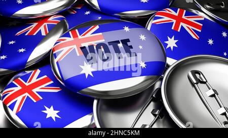 Vote in Heard Island and McDonald Islands - national flag of Heard Island and McDonald Islands on dozens of pinback buttons symbolizing upcoming Vote Stock Photo