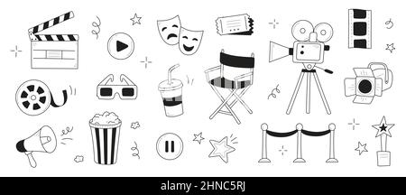 Movie, cinema doodle icon illustration. Doodle hand drawn sketch style movie elements, popcorn, video camera, clapperboard. Vector line illustration. Stock Vector