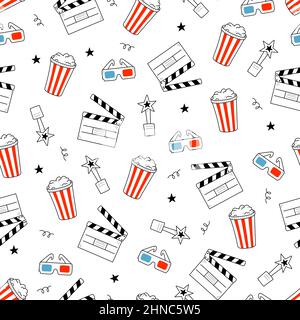 Movie, cinema vector pattern. Doodle hand drawn sketch style movie seamless pattern. Cinema elements for media production, festival, theater background. Vector illustration. Stock Vector